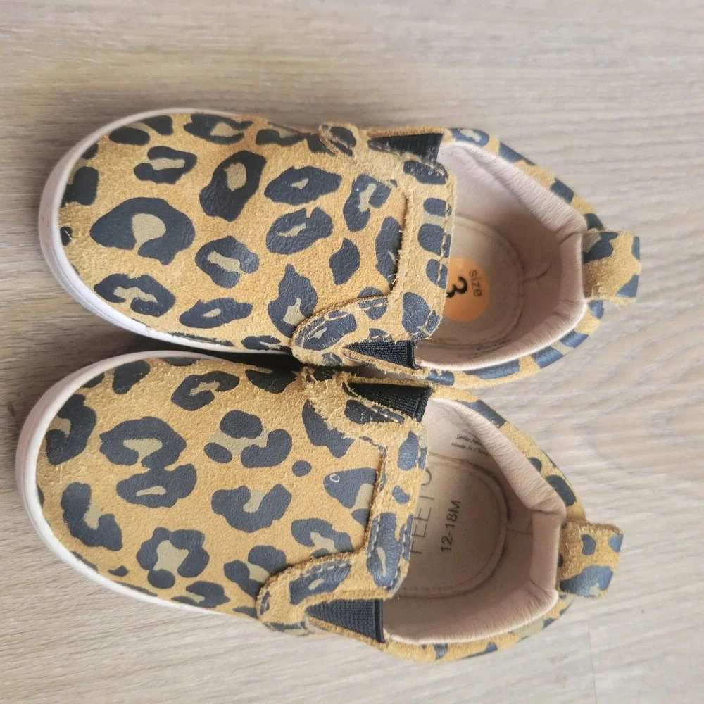 Monkey Feet Unisex Baby Leopard Slip On Shoes 3 12-18M Tan Leather Animal Print